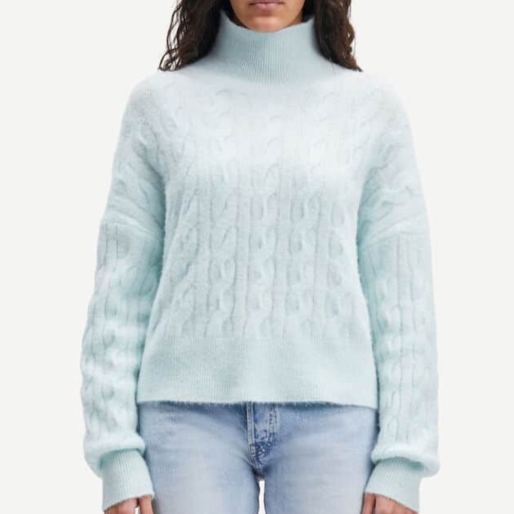 SAMSOE SAMSOE Nola Cable Turtleneck Knit Misty Blue Alpaca Wool Sweater Size S